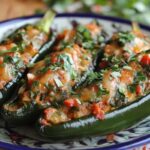 Roasted stuffed poblano peppers filled with cheese and ground beef, garnished with fresh cilantro and lime slices.