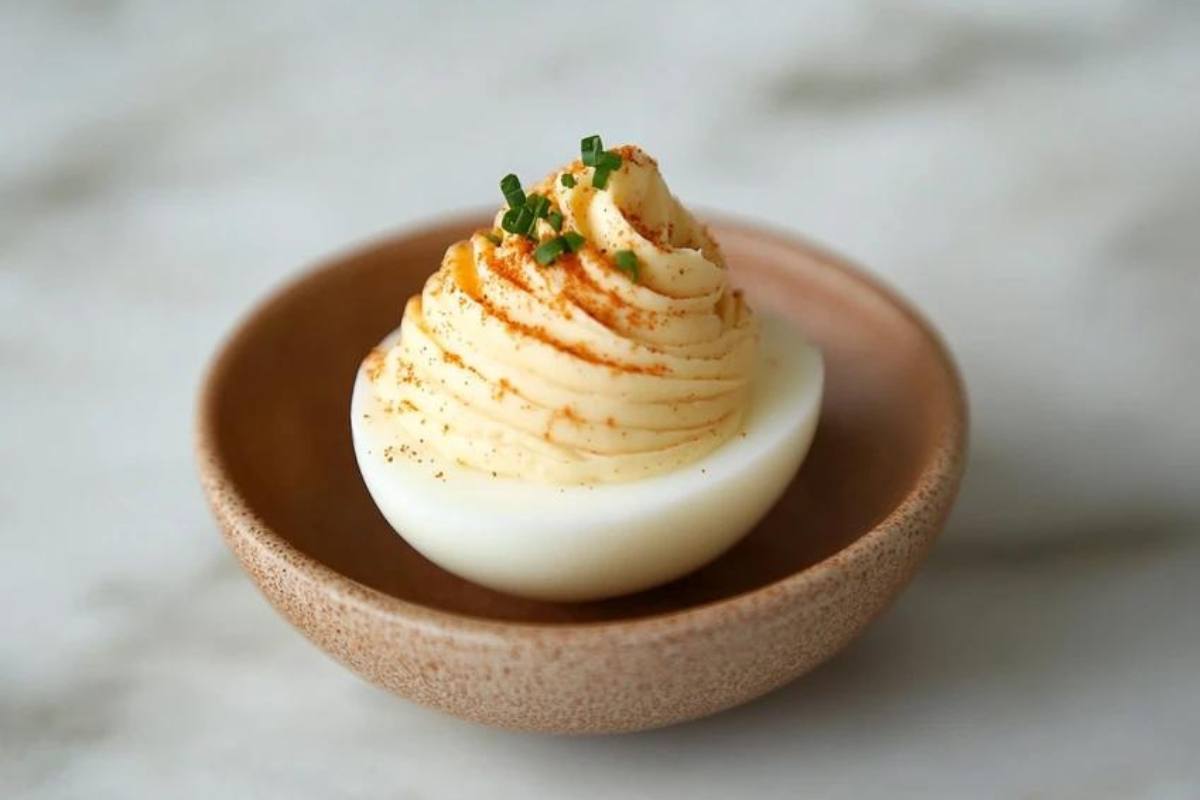 "Gourmet deviled eggs with truffle oil, smoked salmon, and caviar garnished with fresh herbs on a white serving plate."