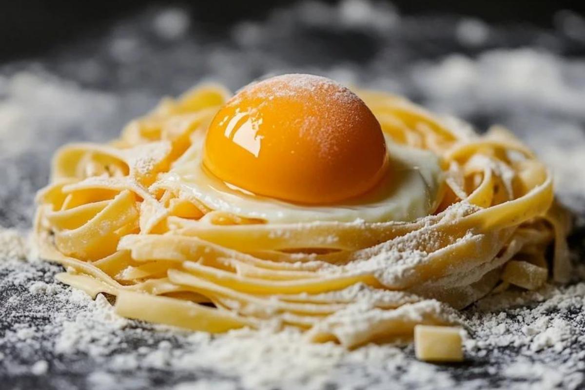 Fresh egg pasta dough being mixed with eggs for a rich, tender, and elastic texture.
