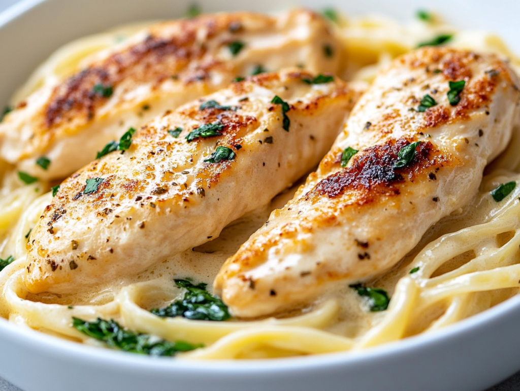 Healthy version of Chicken Alfredo with low-fat ingredients and whole grain pasta for a balanced, diet-friendly meal