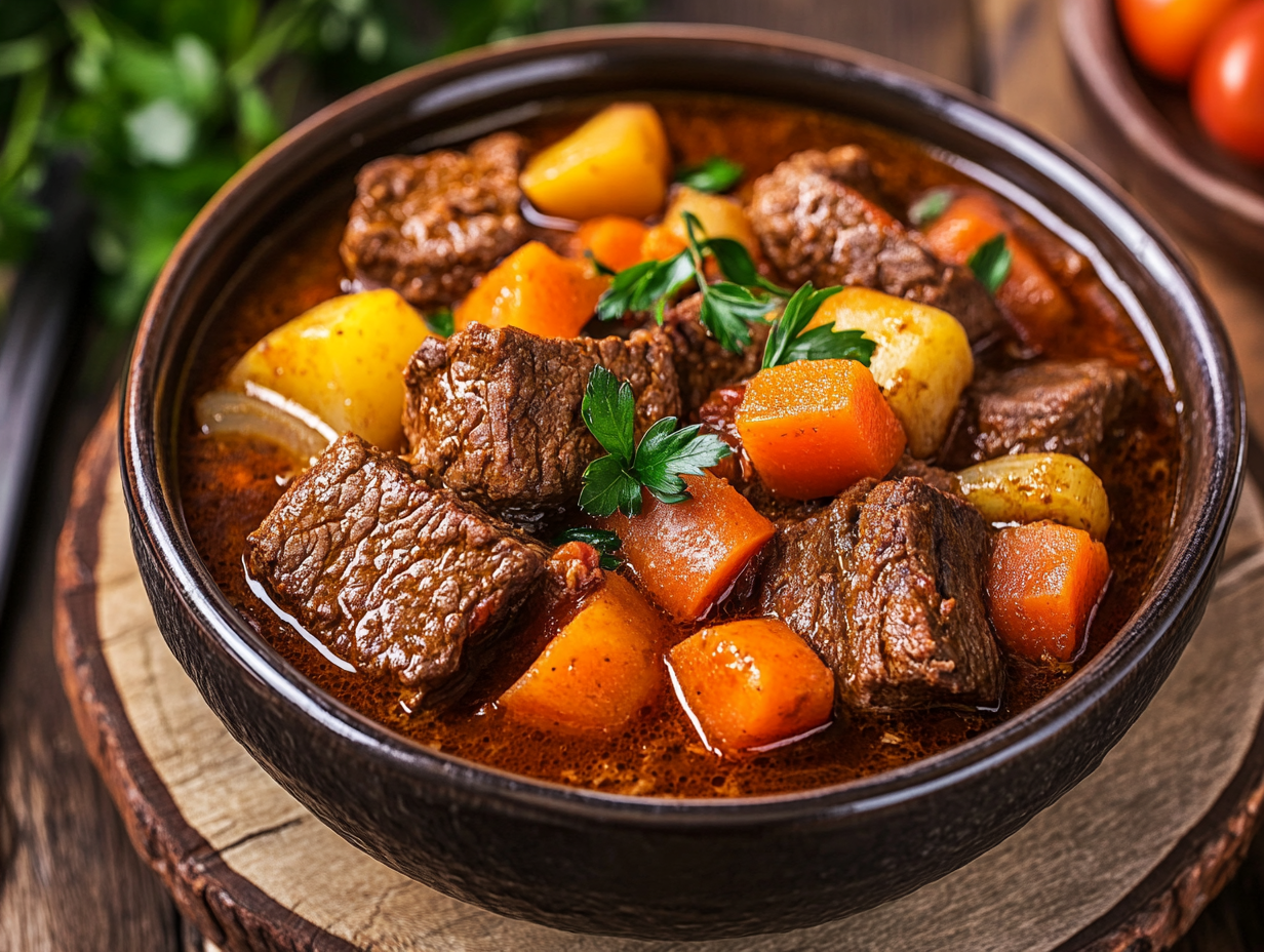 Instant Pot displaying beef stew setting with a rich, hearty stew in progress