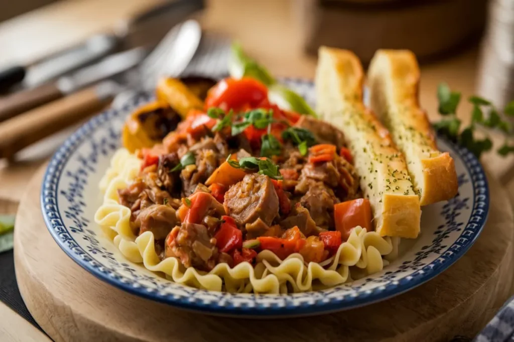 An array of side dishes including garlic bread, salads, and roasted vegetables served alongside a bowl of goulash.