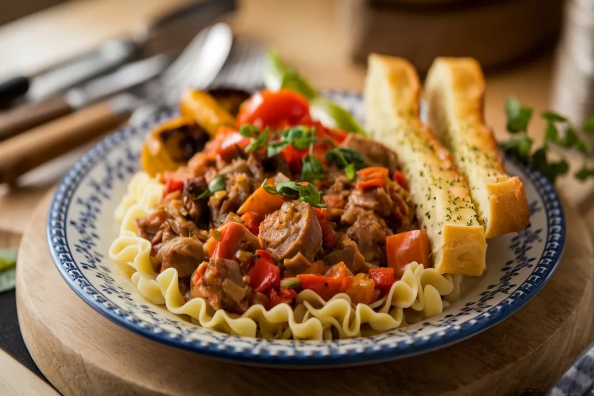 An array of side dishes including garlic bread, salads, and roasted vegetables served alongside a bowl of goulash.