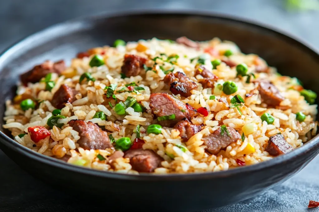 A bowl of fried rice with chicken, shrimp, and vegetables served with fresh herbs.