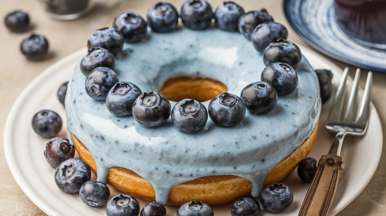 Blueberry Cheesecake Donut Cake with fresh blueberries and creamy cheesecake filling on top of a fluffy donut cake base.