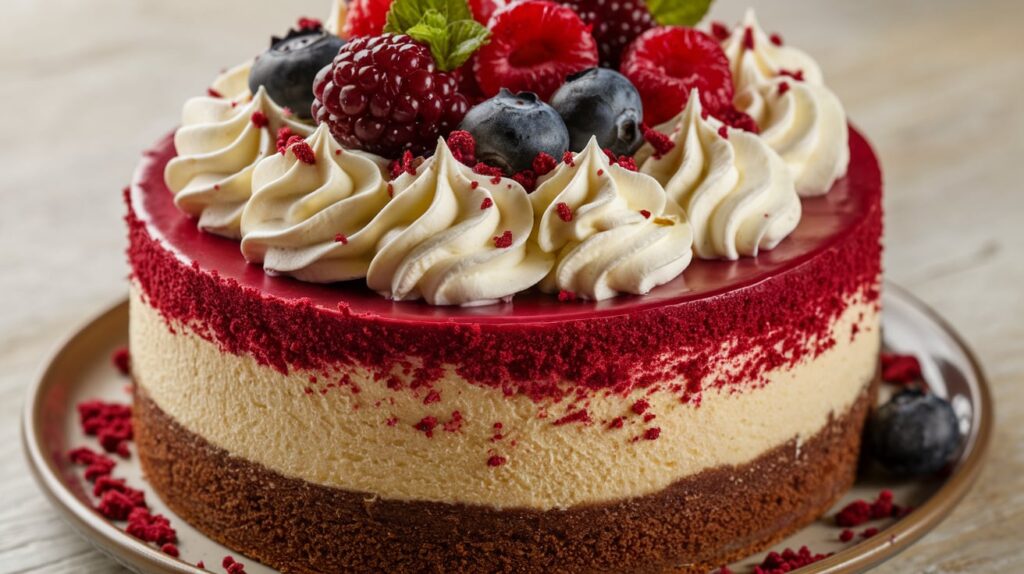 "Decadent red velvet cheesecake with creamy cheesecake filling and vibrant red velvet cake layers"