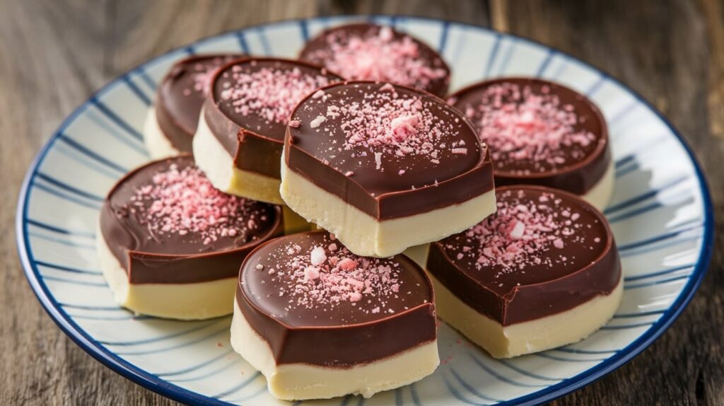 "Homemade peppermint patties coated in smooth chocolate on a wooden plate"