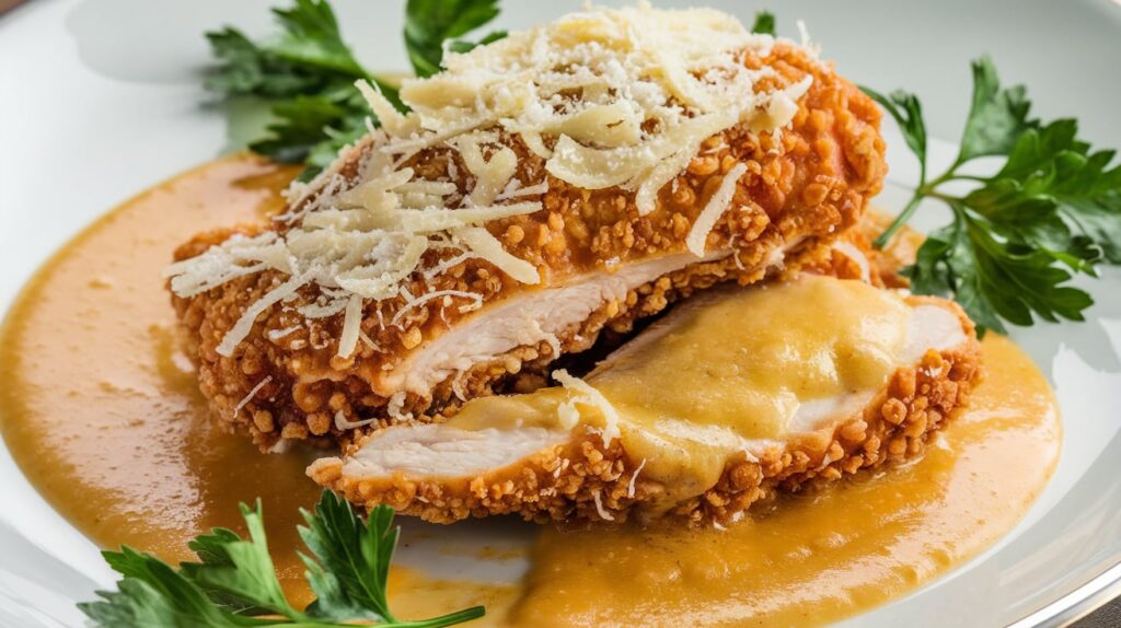 Crispy breaded chicken topped with creamy Parmesan sauce. Perfectly golden and delicious.