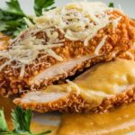 Crispy breaded chicken topped with creamy Parmesan sauce. Perfectly golden and delicious.