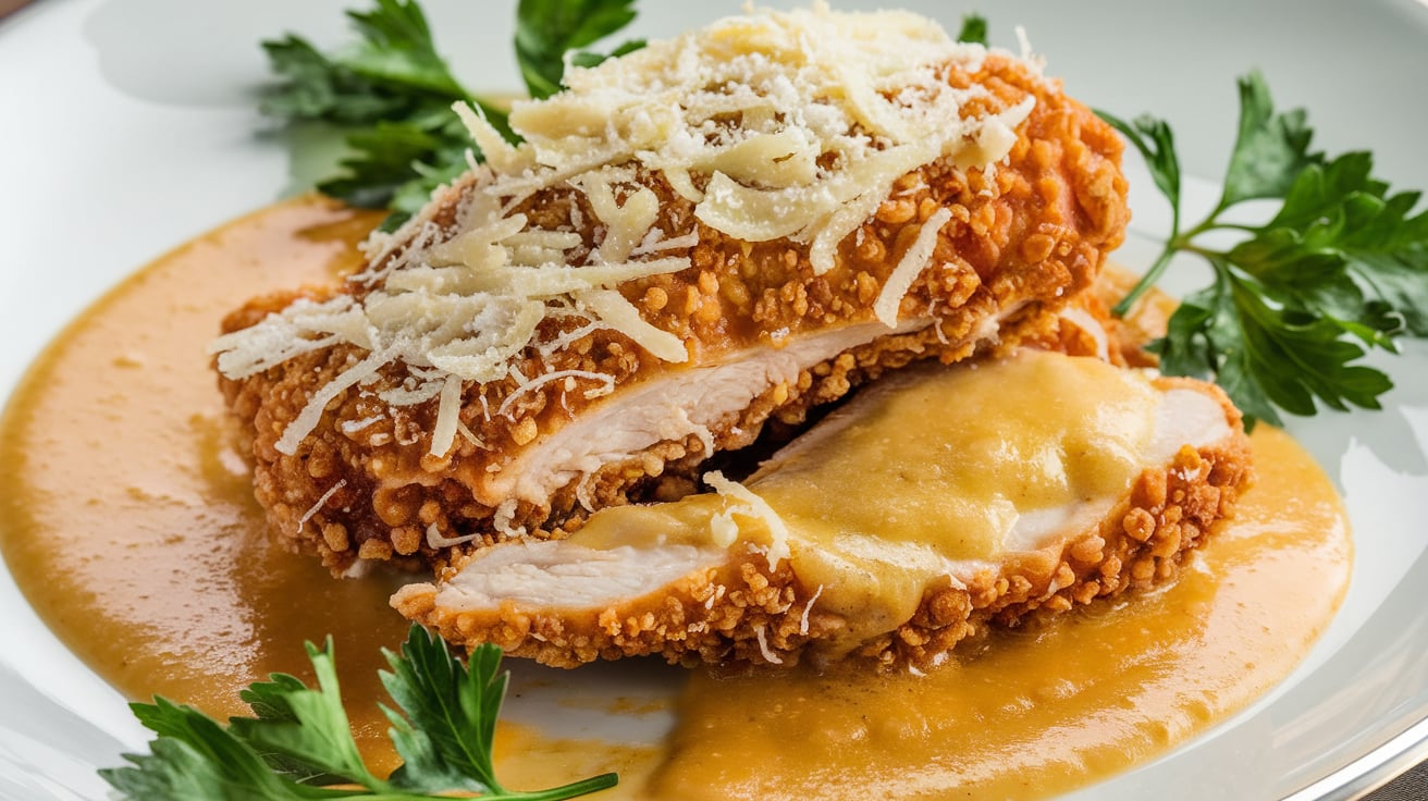 Crispy breaded chicken topped with creamy Parmesan sauce. Perfectly golden and delicious.