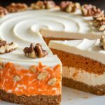 Carrot Cake Cheesecake Delight dessert with a spiced carrot cake base and creamy cheesecake topping, garnished with walnuts.