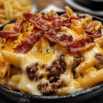 Loaded Bacon Cheeseburger Alfredo Pasta with crispy bacon, ground beef, and creamy Alfredo sauce, served in a bowl.