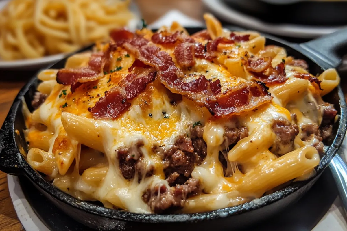Loaded Bacon Cheeseburger Alfredo Pasta with crispy bacon, ground beef, and creamy Alfredo sauce, served in a bowl.