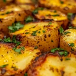 Cheesy ranch oven roasted potatoes with crispy edges and melted cheese, served as a delicious side dish.