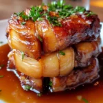 Cochon Confit à la Bière et Sirop d’Érable served with mashed potatoes and roasted vegetables, showcasing the rich, savory flavors of the dish.