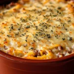 Cheesy sausage and hashbrown casserole in a crockpot, ready to be served as an easy dinner option.