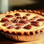 A rich and creamy Caramel Pecan Delight Pie topped with toasted pecans and drizzled caramel, served on a white plate.