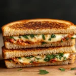 Mediterranean Grilled Cheese Sandwich with feta cheese, tzatziki sauce, and roasted red peppers on sourdough bread.