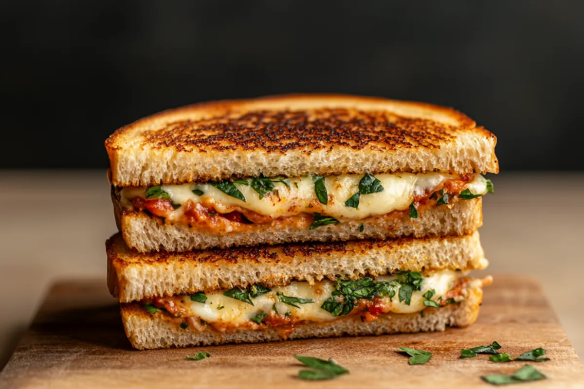 Mediterranean Grilled Cheese Sandwich with feta cheese, tzatziki sauce, and roasted red peppers on sourdough bread.