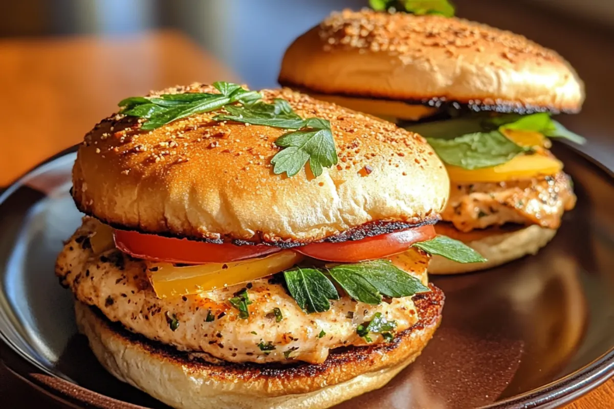 Crock Pot Ranch Chicken Sandwiches served with fresh toppings on a soft bun