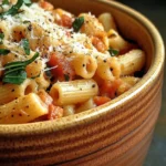 A bowl of Crockpot Pasta Fagioli with beans, pasta, and vegetables, garnished with grated Parmesan cheese.