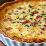 Easy No-Crust Cheesy Bacon Quiche served in a pie dish with crispy bacon and melted cheese on top.