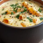 Bowl of creamy Alfredo lasagna soup with melted cheese and fresh spinach