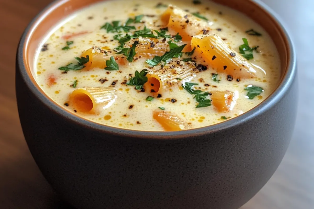 Bowl of creamy Alfredo lasagna soup with melted cheese and fresh spinach