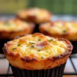 Crispy Golden Ham & Cheese Breakfast Muffins with melted cheese and ham on top