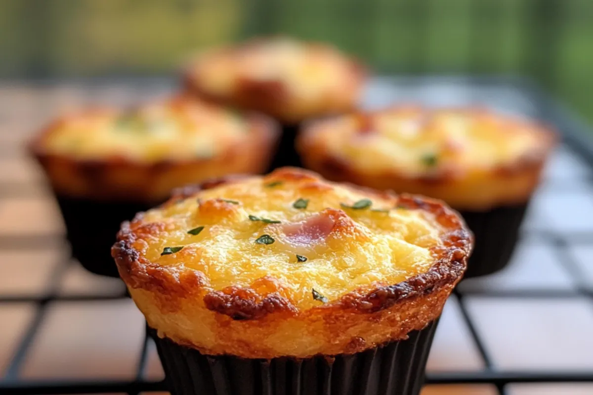 Crispy Golden Ham & Cheese Breakfast Muffins with melted cheese and ham on top
