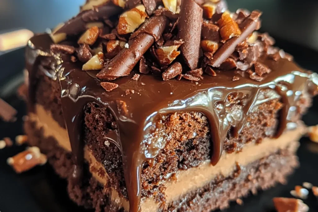 Mississippi Mud Cake with chocolate frosting, marshmallows, and pecans