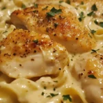 One-pan chicken with creamy buttered noodles in a skillet, garnished with fresh parsley.