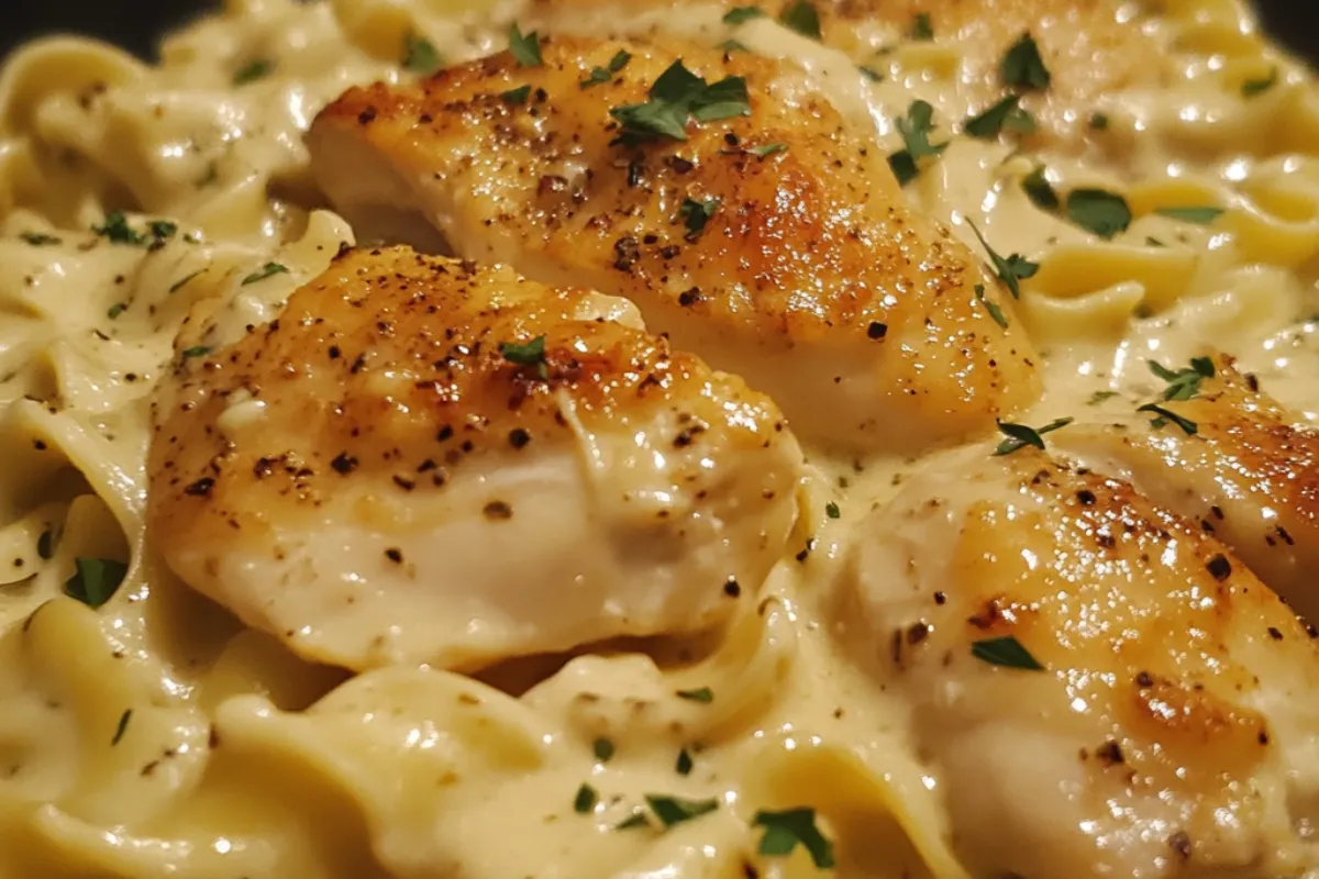One-pan chicken with creamy buttered noodles in a skillet, garnished with fresh parsley.