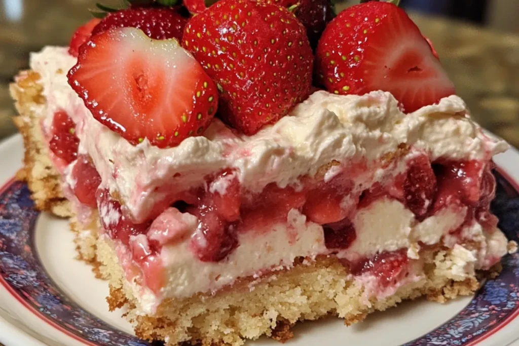 Strawberry Cheesecake Dump Cake with creamy filling and golden crust