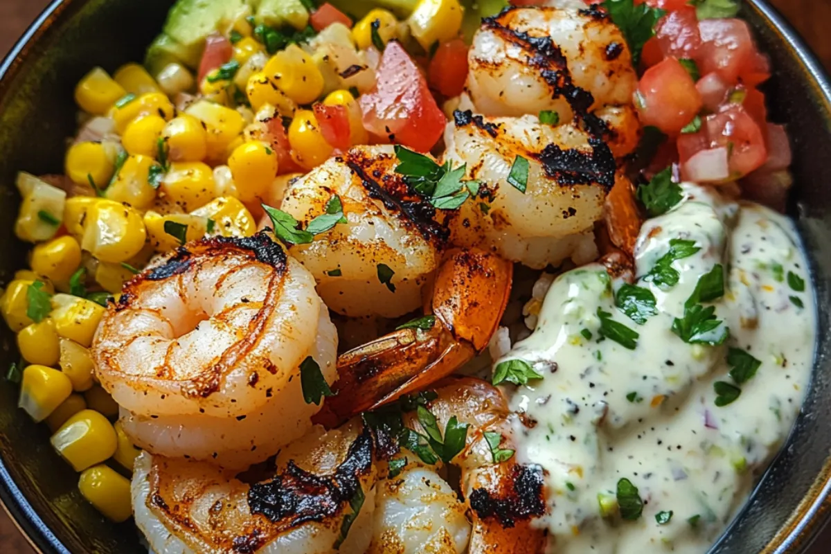 Grilled Shrimp: Juicy grilled shrimp with a golden sear, ready to be served in a bowl.