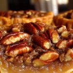 Golden deep fried pecan pies on a plate with powdered sugar sprinkled on top.