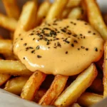 A creamy, homemade cheese sauce poured over crispy fries, perfect for dipping or drizzling.
