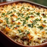 French onion ground beef and rice casserole topped with melted cheese and served on a plate, showcasing a hearty comfort food dish.