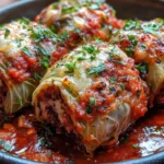 A plate of authentic Italian stuffed cabbage rolls filled with seasoned meat and rice, topped with tomato sauce, ready to serve.