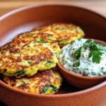Zucchini, feta, and spinach fritters served with a side of creamy garlic tzatziki sauce.