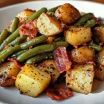 A plate of Country Ranch Green Beans 'n Potatoes with Bacon, featuring tender green beans, crispy bacon, and creamy baby potatoes seasoned with ranch flavor.