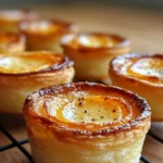 Baby Lemon Impossible Pies in a muffin tin, fresh out of the oven, with a golden top and creamy lemon custard filling.