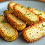 Golden, crispy air fryer stuffed pickles with cream cheese and cheddar filling served with dipping sauce
