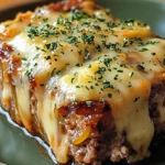 Crockpot French Onion Meatloaf topped with melted Swiss cheese, served with mashed potatoes and vegetables.