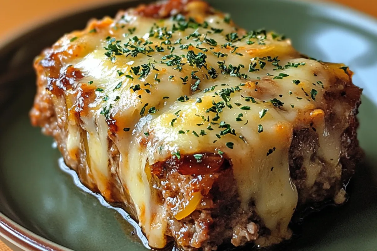 Crockpot French Onion Meatloaf topped with melted Swiss cheese, served with mashed potatoes and vegetables.