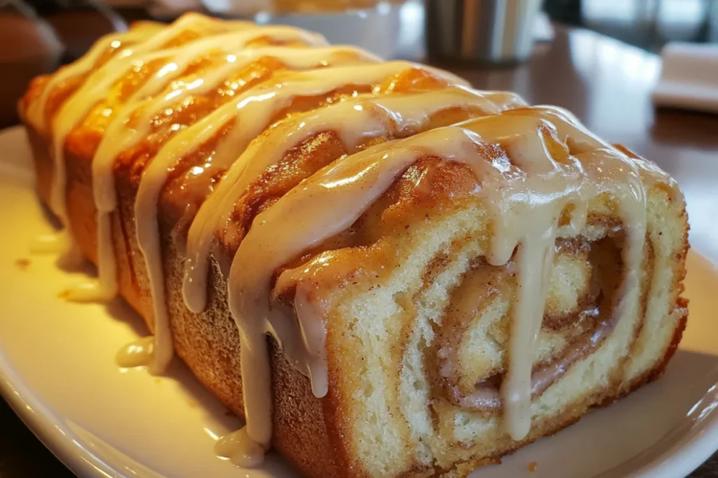 A freshly baked loaf of Dollywood cinnamon bread with icing, ready to be served.