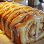 A freshly baked loaf of Dollywood cinnamon bread with icing, ready to be served.