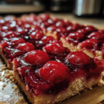 Homemade Cherry Pie Bars with a buttery crust and sweet cherry filling, sliced into squares, served on a dessert platter.