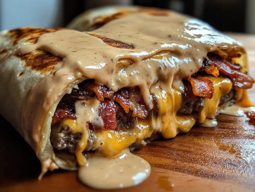 Huge bacon cheeseburger burrito with crispy bacon and creamy cheese sauce wrapped in a soft tortilla.