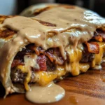 Huge bacon cheeseburger burrito with crispy bacon and creamy cheese sauce wrapped in a soft tortilla.